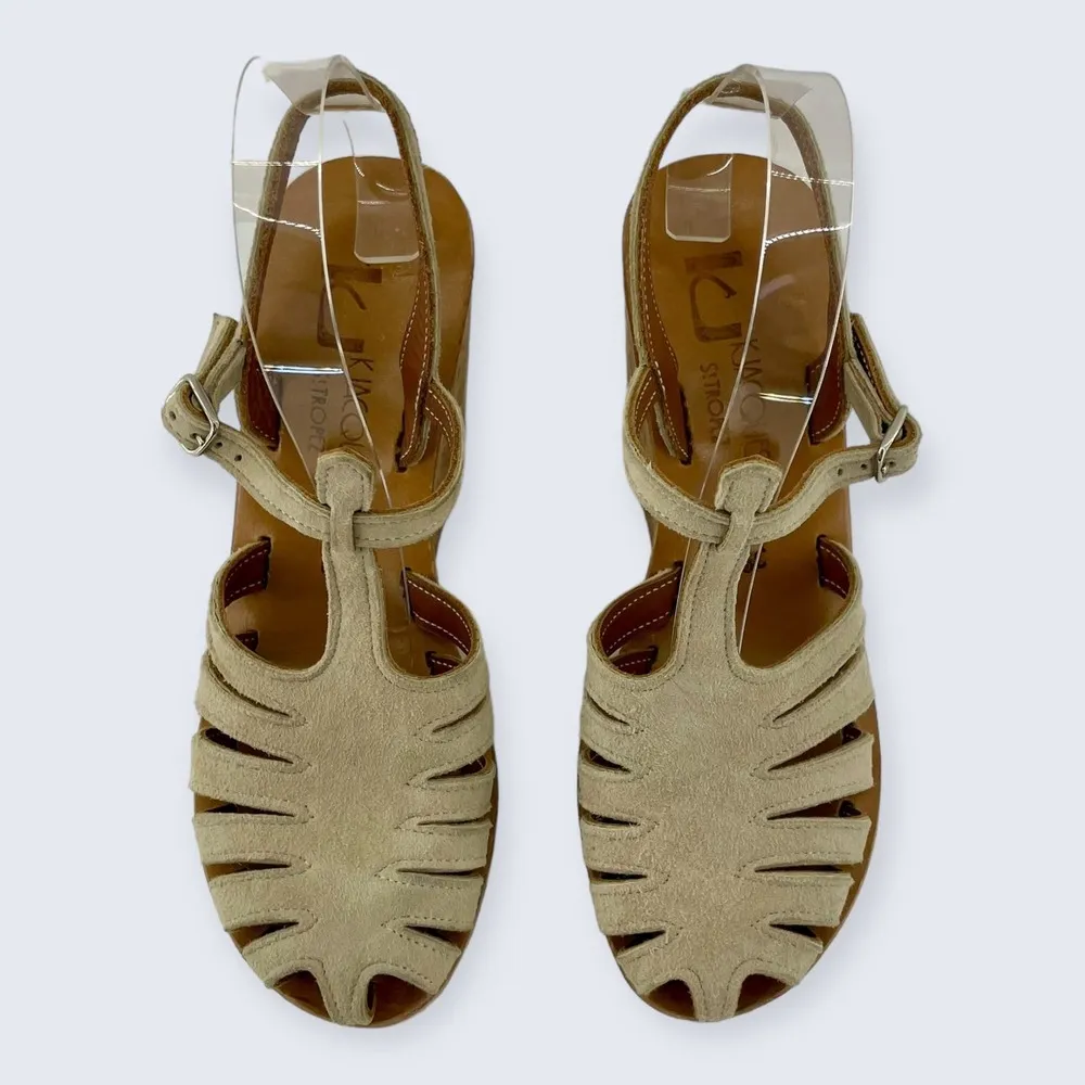 KJ K. Jacques St. Tropez Tan Suede Strappy Buckle 4" Cork Wedge Sandal 39 7.5 8 - Image 3