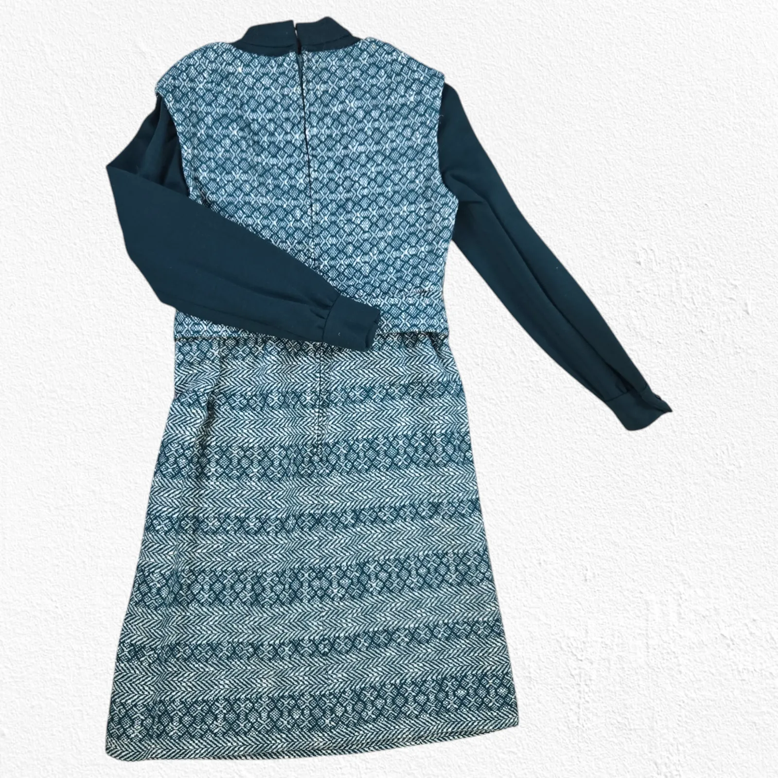 Vintage 70s Green White Tweed Jumper Turtleneck Belted Cottage Dress Size Small - Image 16