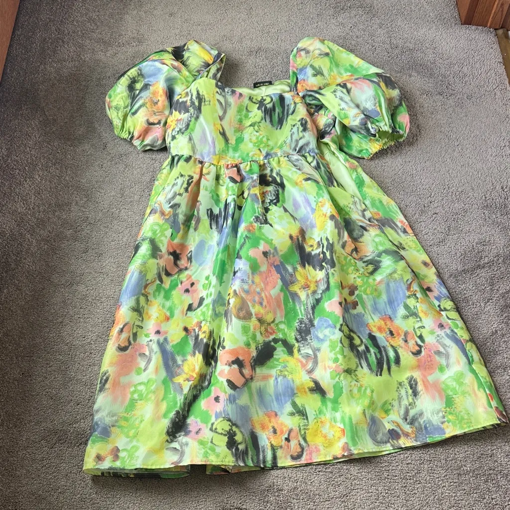 Stine Goya Annalisa Gathered Floral Organza Abstract Print Dress SIZE XL Green - Image 2