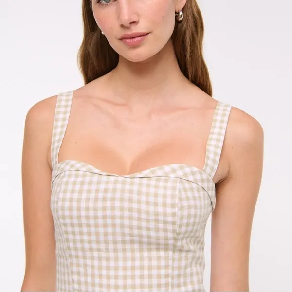 NEW Abercrombie & Fitch Premium Linen Drop-Waist Skort Dress Tan Gingham Large - Image 4