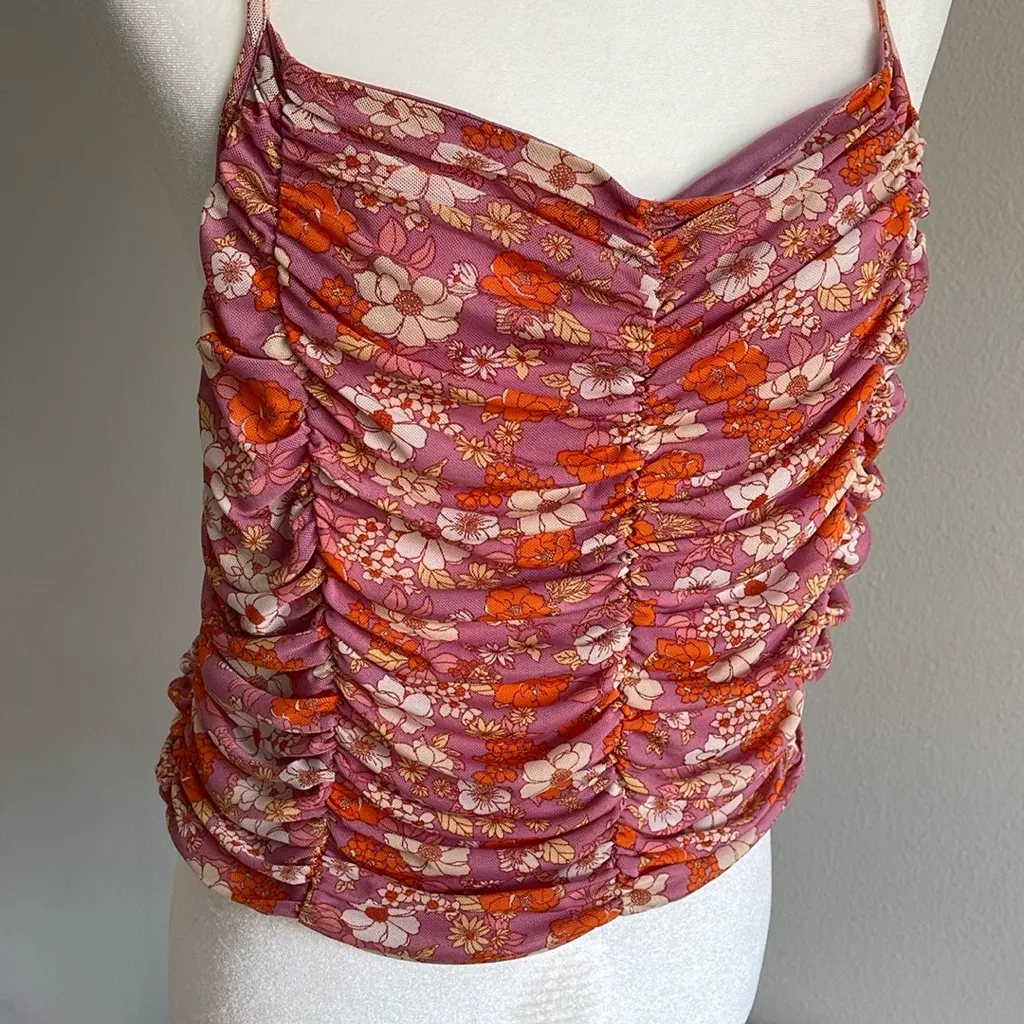 Floral Ruched Women's Top - Pink and Orange Size XL - Image 2