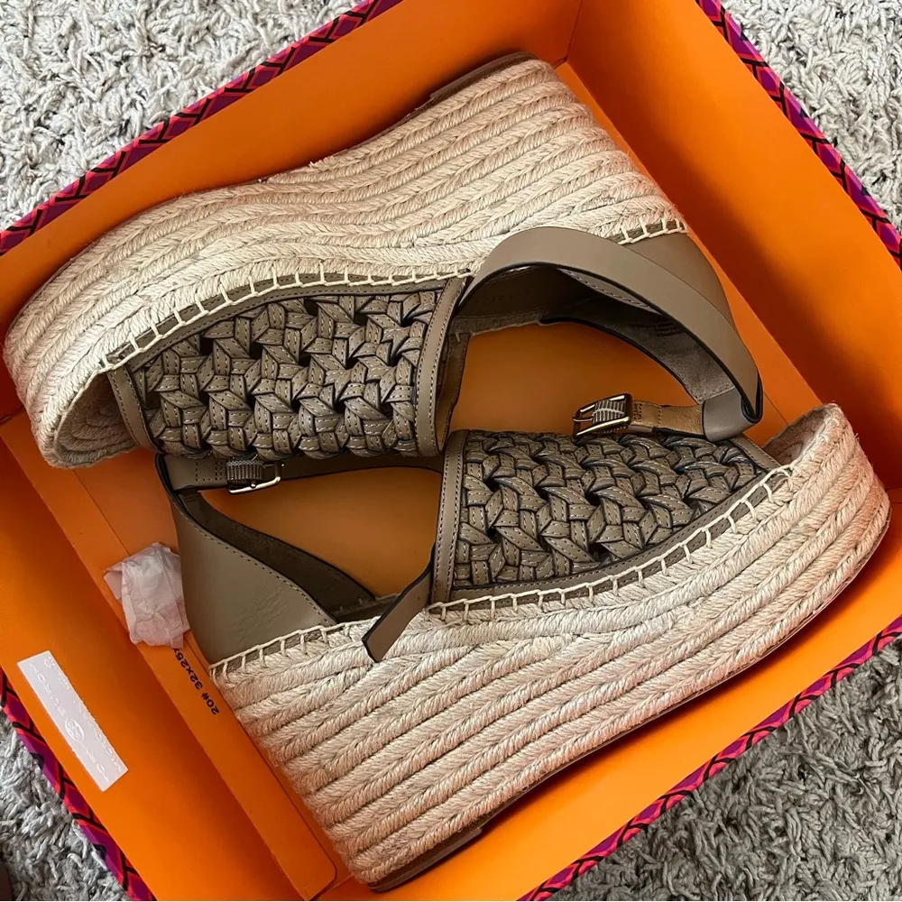Tory Burch Basketweave Espadrille Ankle Strap Wedges Leather Size 10M New in Box - Image 12