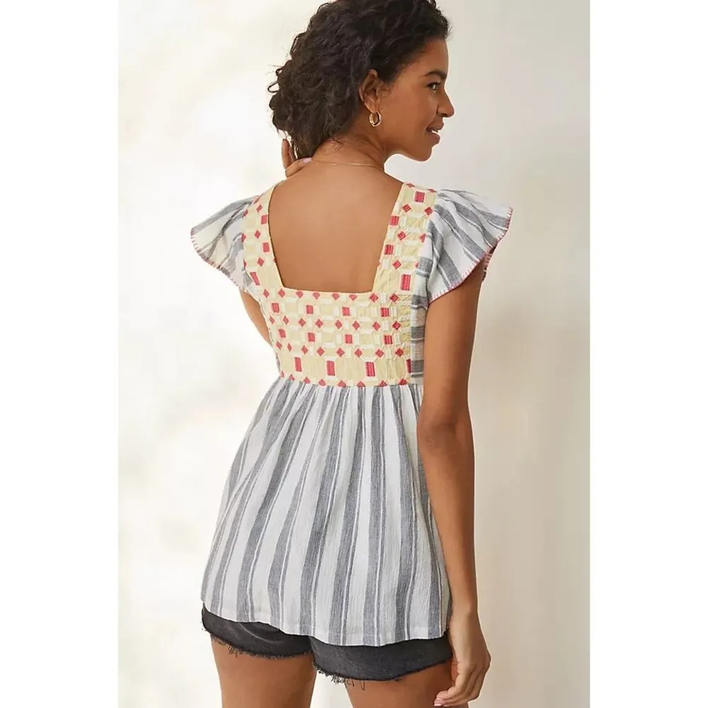 Forever That Girl x Anthropologie Basel Embroidered Tunic Blouse Size 4 Blue - Image 2