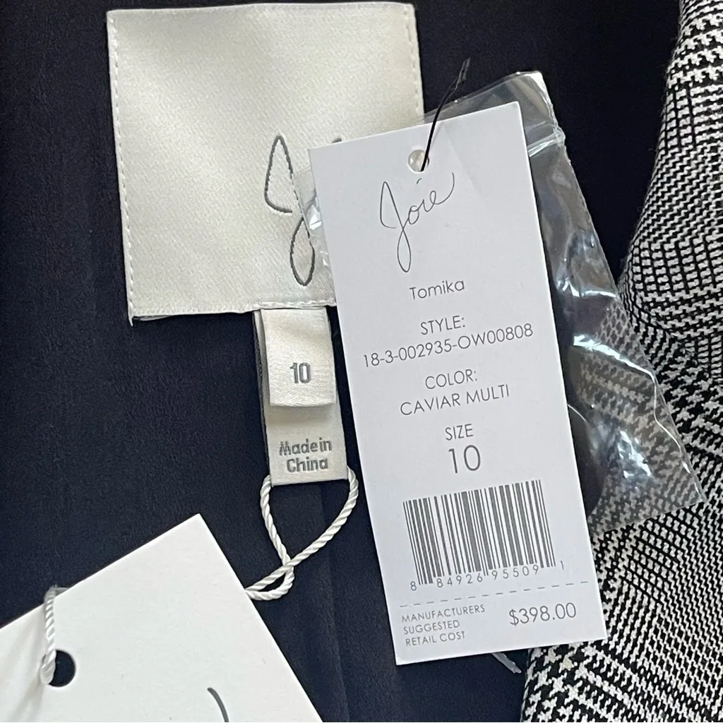 Joie Tomika Ruched Sleeve Plaid Blazer Jacket Women Size 10 Caviar Multi Grey - Image 12