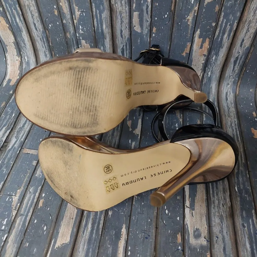 Chinese Laundry Imagination Strappy High Heels US 6M Gold Black & Tan Open Toe - Image 10