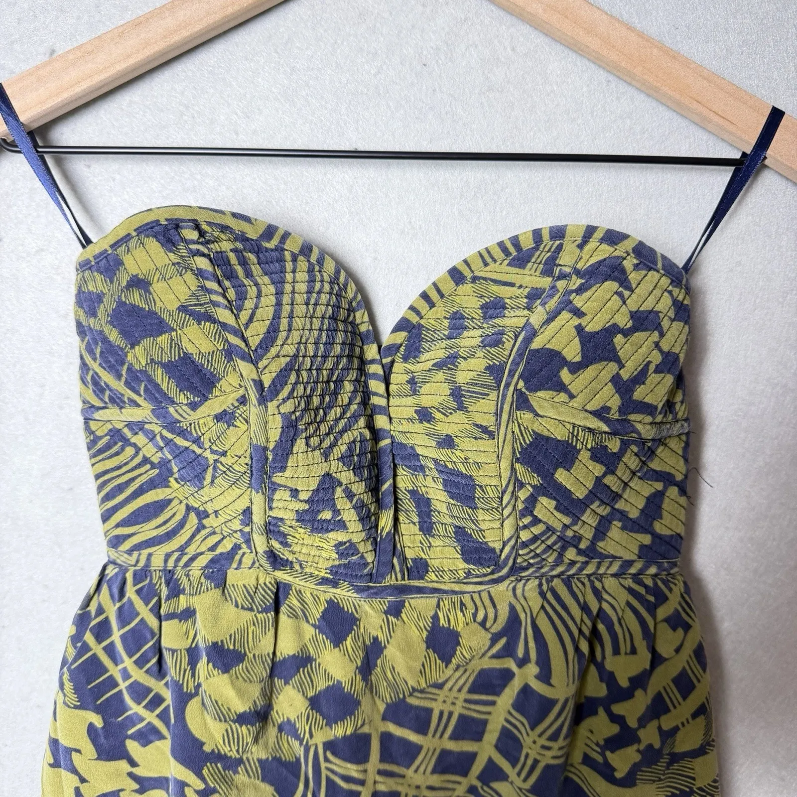 Maple Green And Navy Silk Strapless Smocked Sweetheart Mini Dress Women’s Size 2 - Image 3