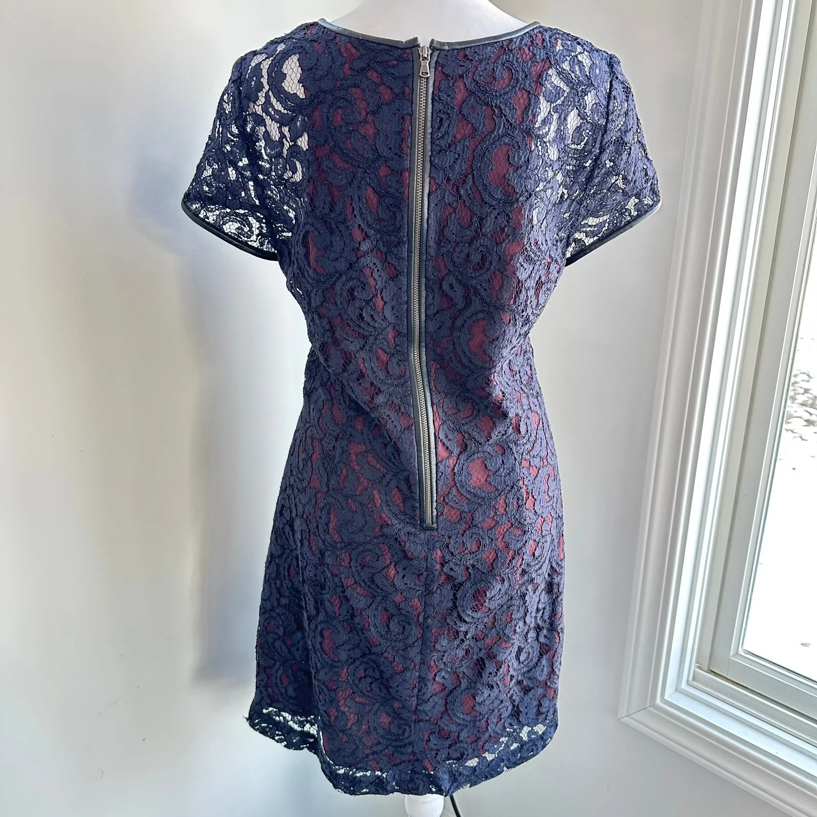 Club Monaco Navy Blue Lace Leather Trim Knee Length Layered Dress‎ Size 6 - Image 5