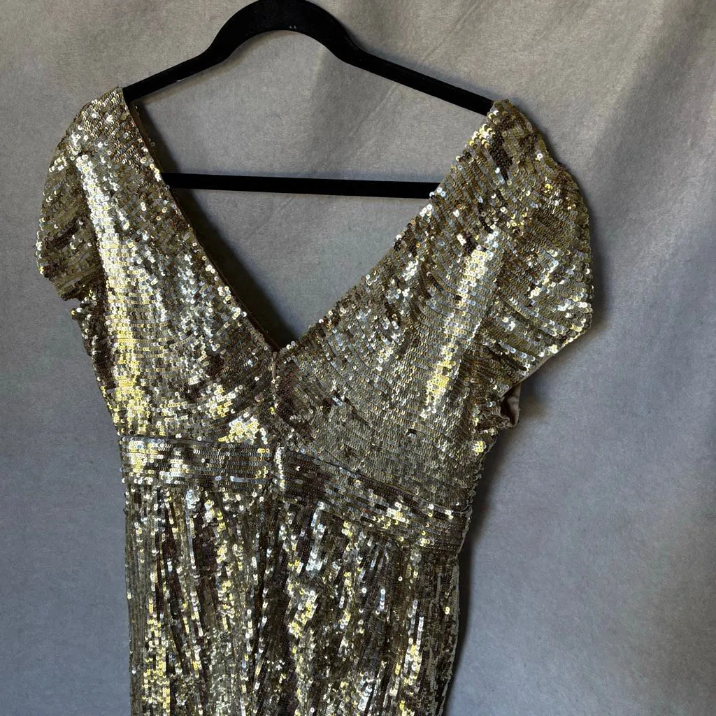 Dolce Jovani Silk Gold Sequin Mini Dress Size 12 Bubble Hem Skirt Cocktail - Image 4