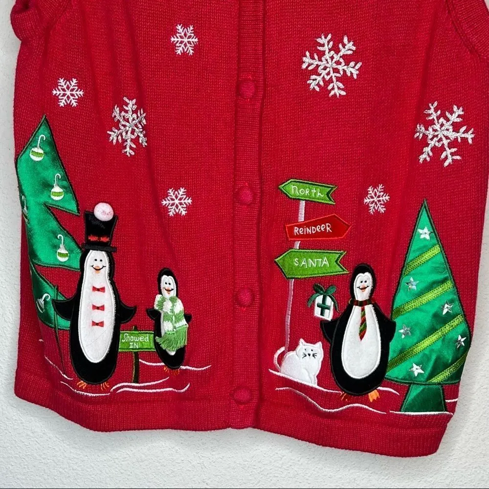 Bechamel Christmas Sweater Vest‎ Penguins Red Size L - Image 2
