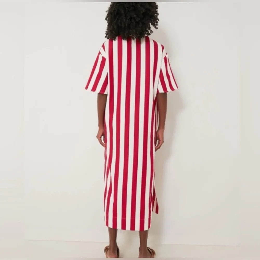 POMANDER PLACE Striped Canaan Short Sleeve Relaxed Caftan Dress Red/White Small Red - Image 2