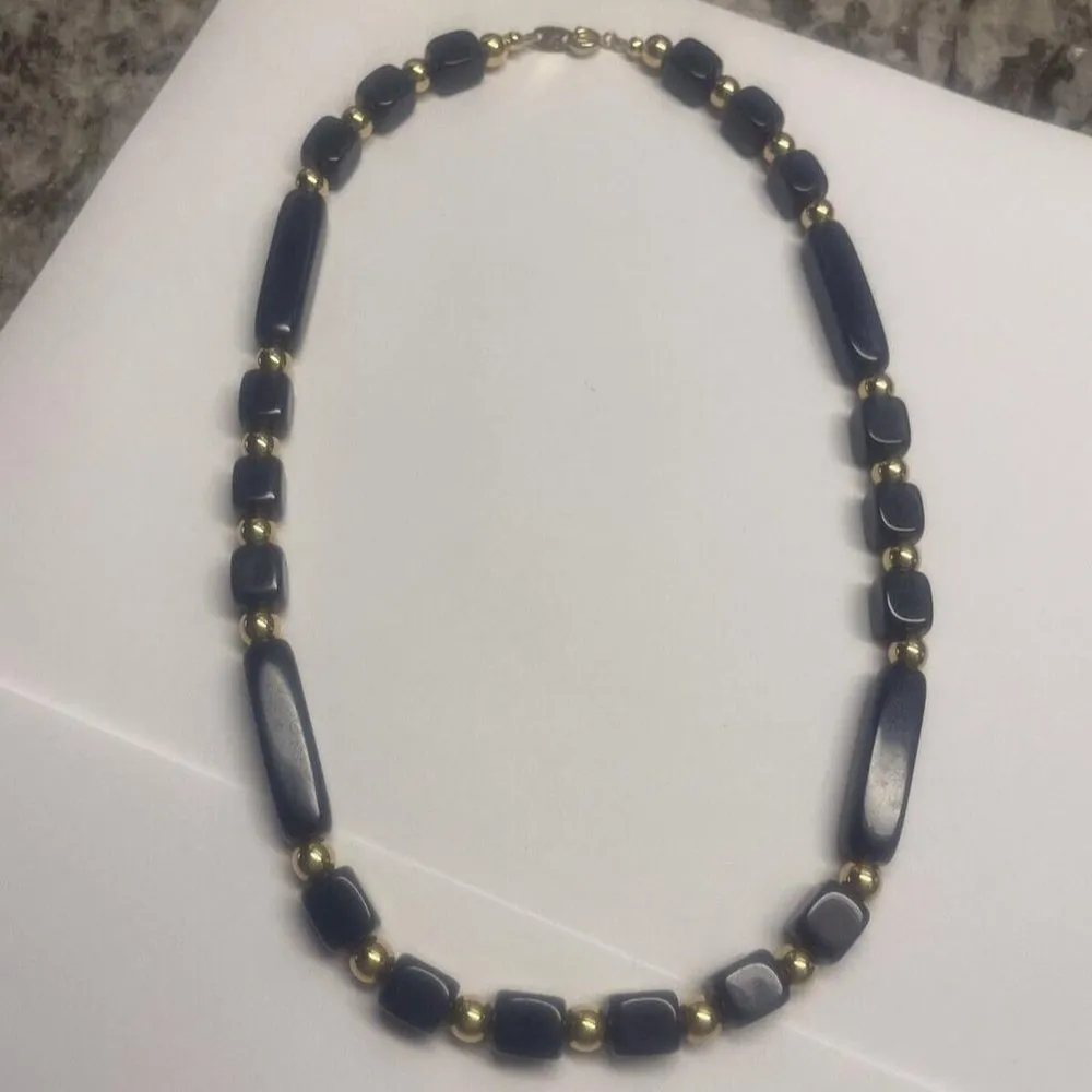 Vintage Signed Trifari Costume Necklace - Gold Tone / Dark Blue Bead Beaded - Image 11