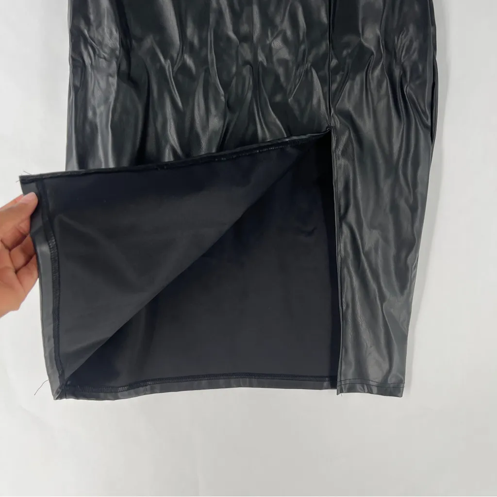 Shein Elegant Black Faux Leather‎ High Rise Front Skit Women's Midi Pencil Skirt - Image 2