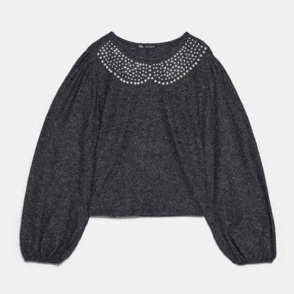ZARA Sweater L Embellished Peter Pan Collar Pearl Rhinestone Crewneck Gray - Image 2