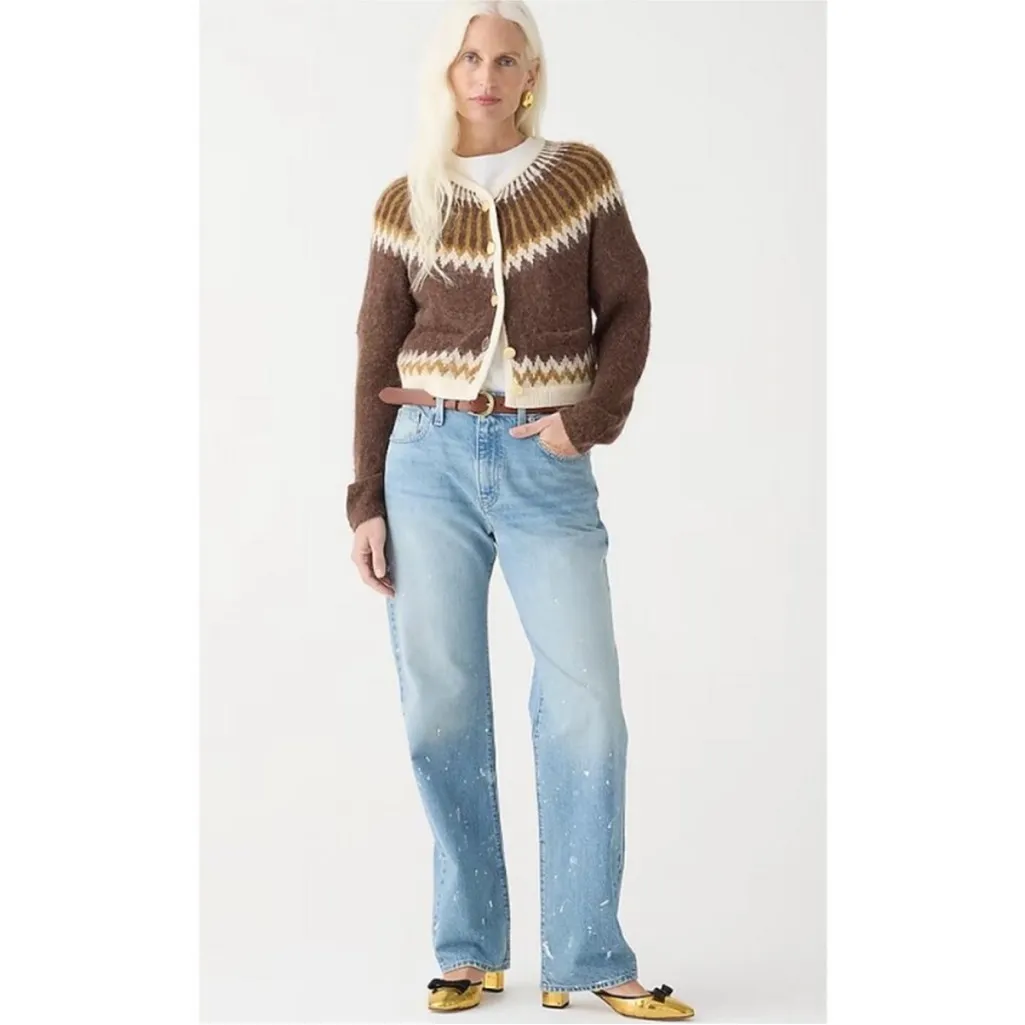 J CREW Mid Rise Slouchy Straight Jeans with Paint Splatter Ice Blue Wash Size 33 - Image 4