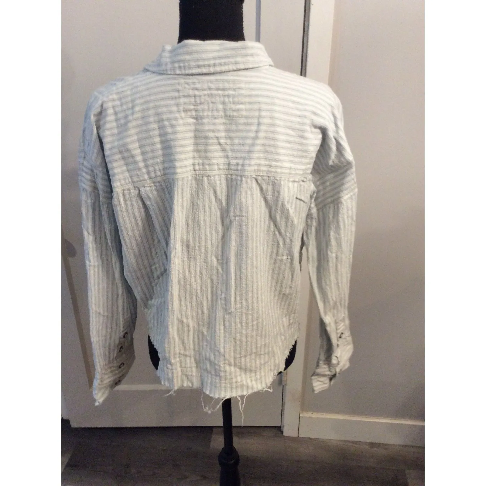 We the Free People Striped Small Button Front Chambray Raw Hem Long Sleeve boho - Image 4