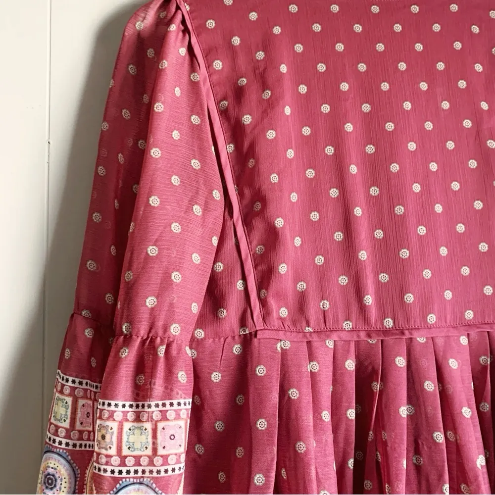 Miami Pleated Boho Tunic Tie Neck Shirt Dress Burgundy S - Image 3