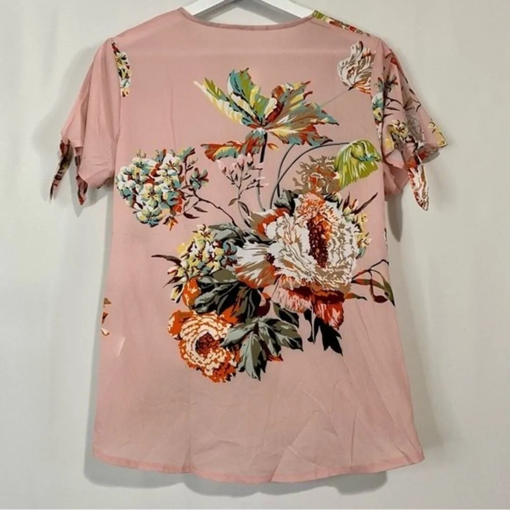Women’s Short Sleeve V Neck Faux Wrap Gathered Front Floral Blouse Pink NWOT - Image 6