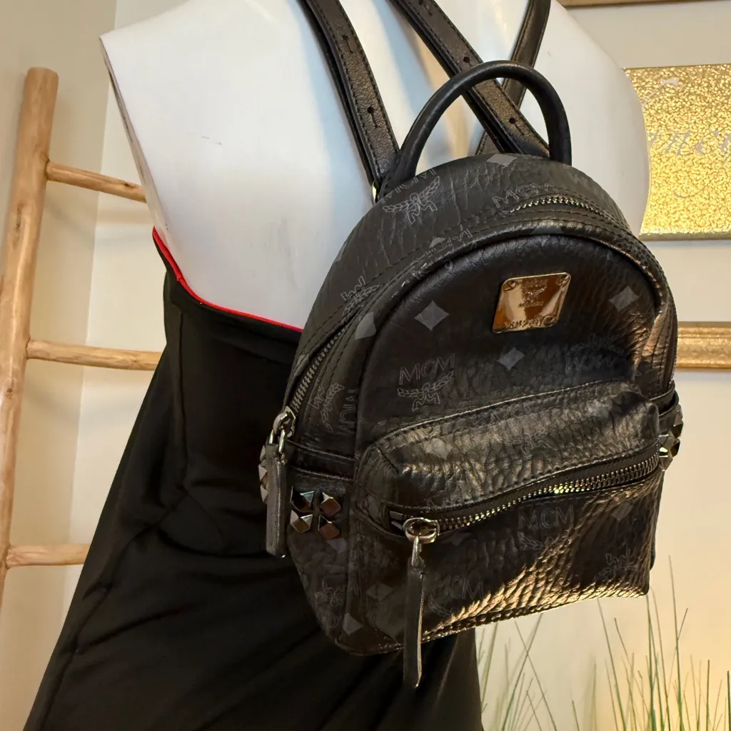 MCM AUTHENTIC Stark Bebe Boo Side Studs Backpack In Visetos Black - Image 5