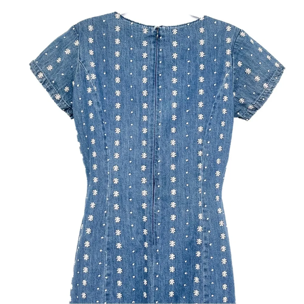 Vintage Floral Embroidered Denim Jean Midi Dress Short Sleeve Made in USA Size 4 Blue - Image 5