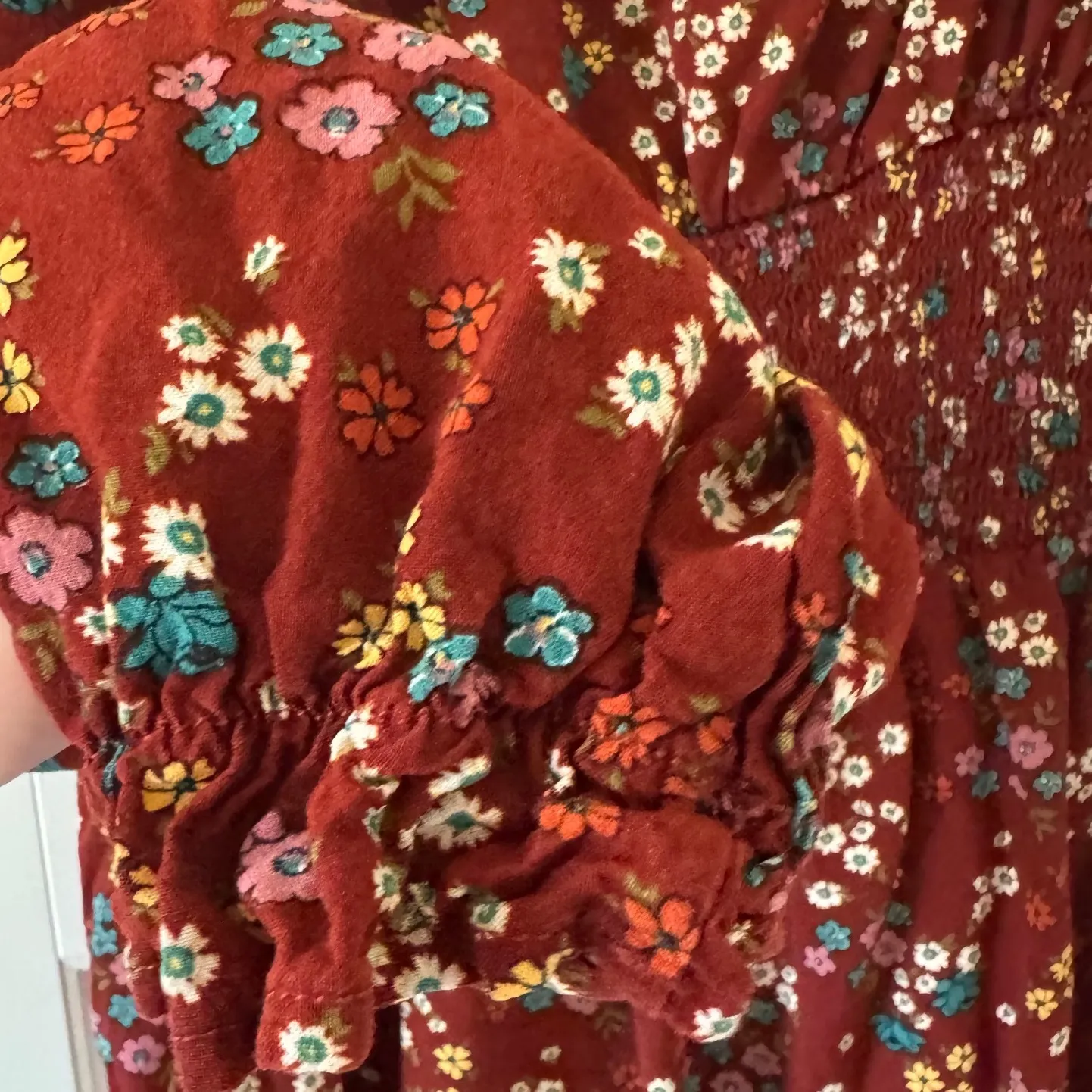 3rd + Malt sz XL Womens Red Floral Long Sleeve Tie Ruched Mini Dress Boho Dainty - Image 7