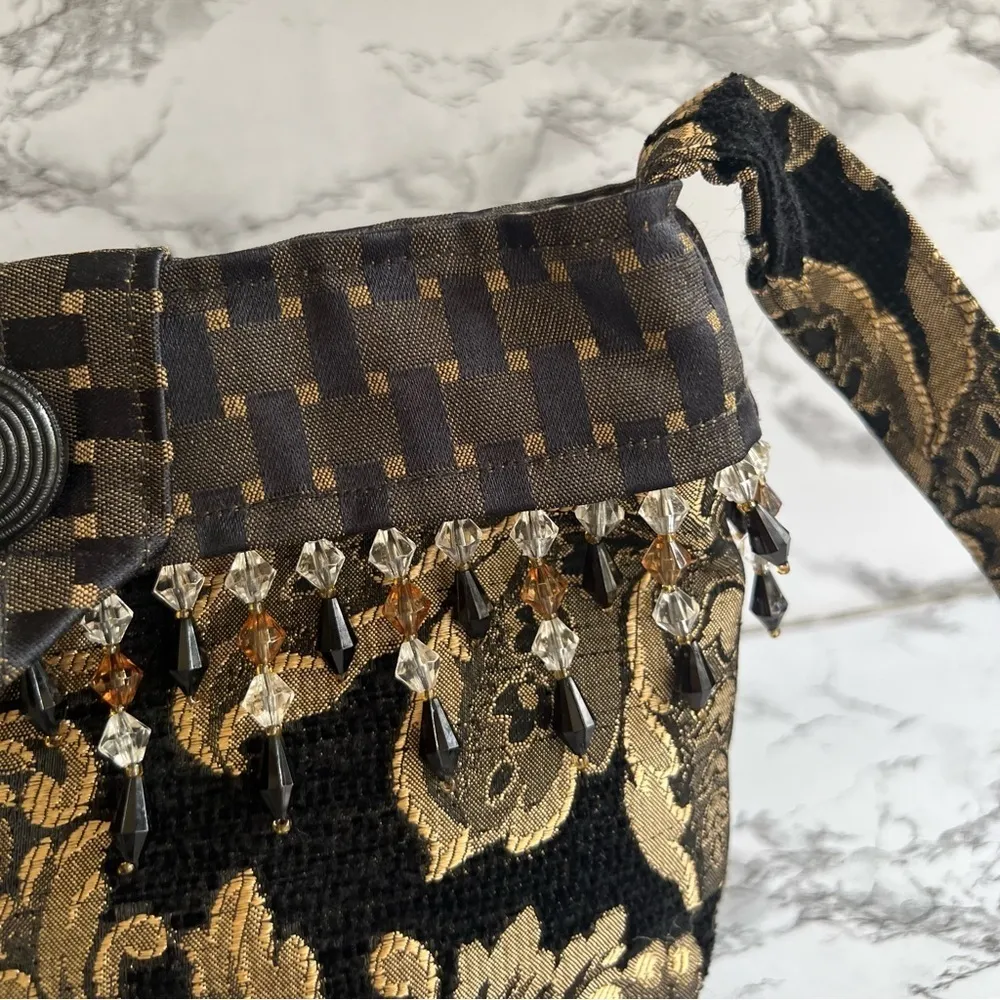 Bag Crossbody Shoulder Artisan Brocade Black Gold Metallic Beaded Tapestry - Image 3