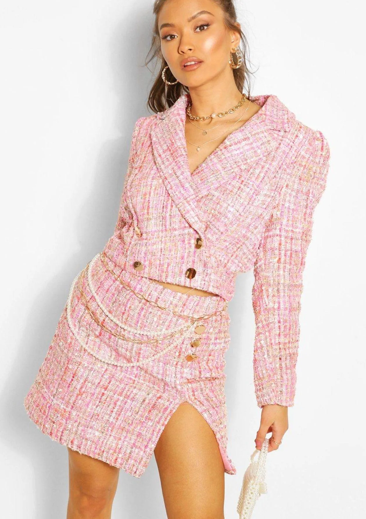 Boohoo Boucle Button Split Side Mini Skirt Old Money Pink 10 NWT - Image 5