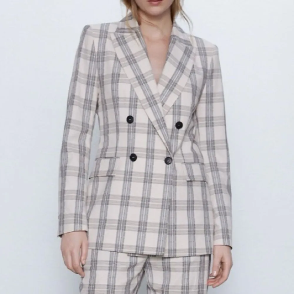 Zara Plaid Double Breasted Plaid Blazer‎ Jacket Cream Ecru Black Small - Image 2