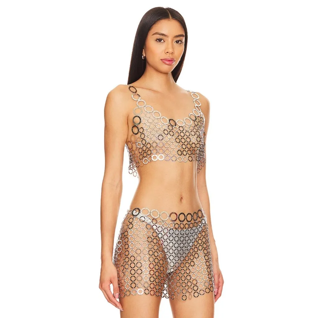 h:ours Womens Metal Top in Silver Large New Cropped Chainmail tank - Image 3