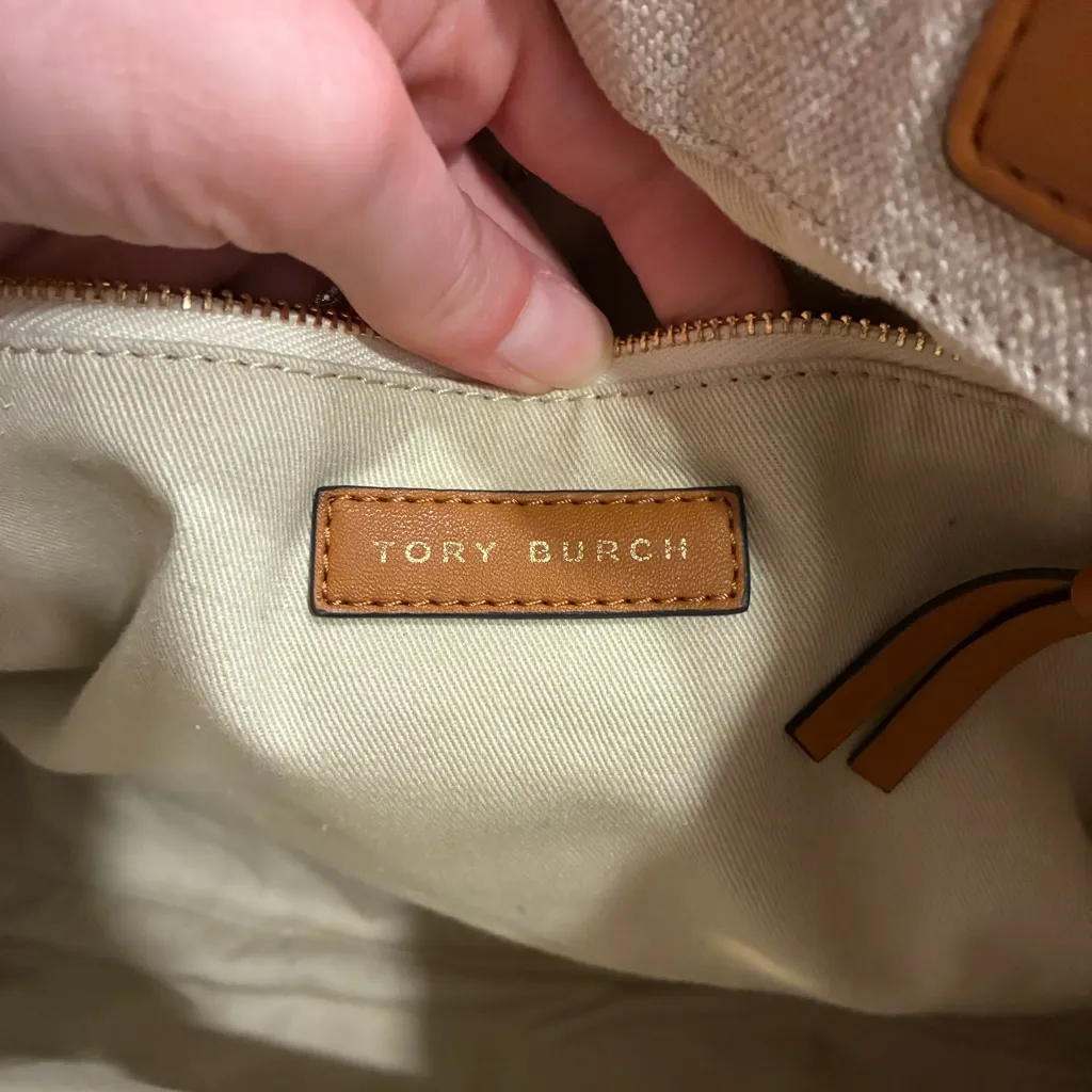 Tory Burch Ella Canvas Embroidered Leather Beige Tote Bag - Image 6