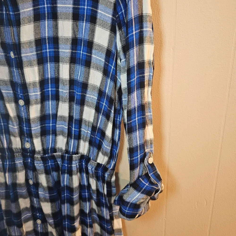 Express Black White and Blue Plaid Button Down Dress - Image 4