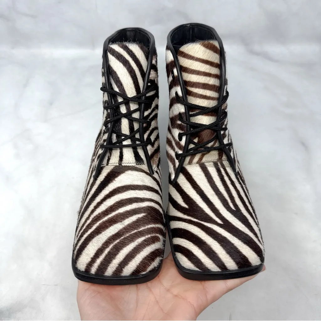 NEW Vintage Stiletto Brand Zebra Calf Hair Square Toe Leather Ankle Boots 8.5 White - Image 5