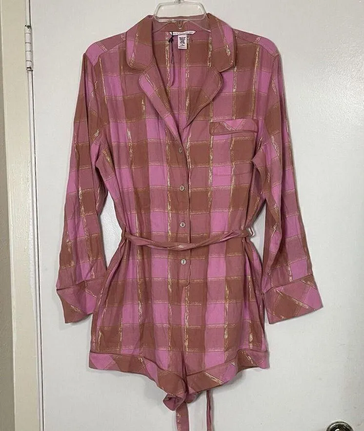 NEW! Victoria's Secret Flannel Tie Romper Rose pink Plaid Pajama lounge Medium - Image 2