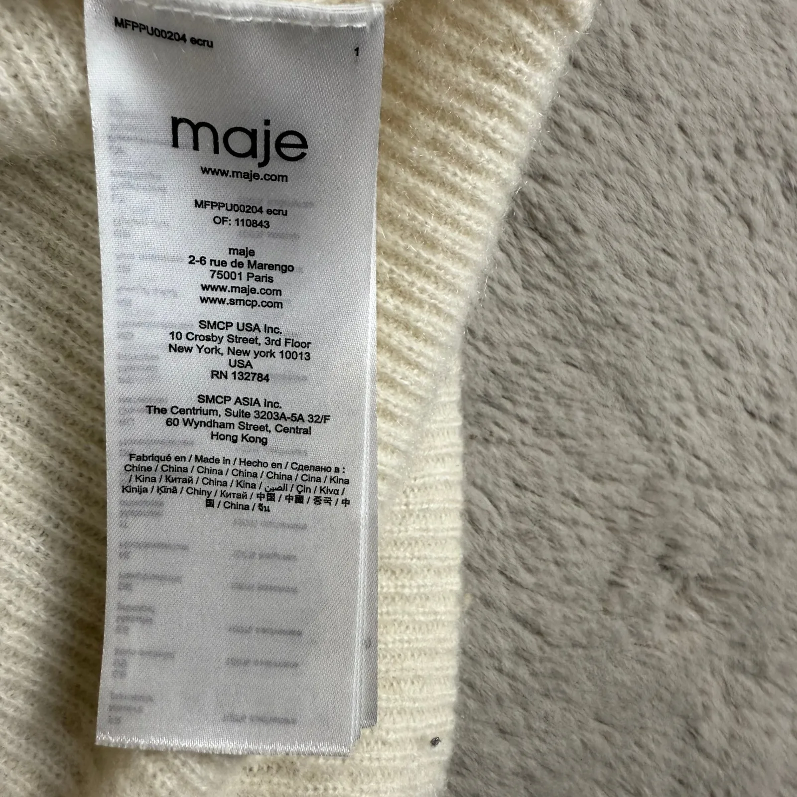 Maje Cashmere Sweater V-Neck‎ Ribbed Jumper Knit Pullover Cream Size M Designer - Image 3