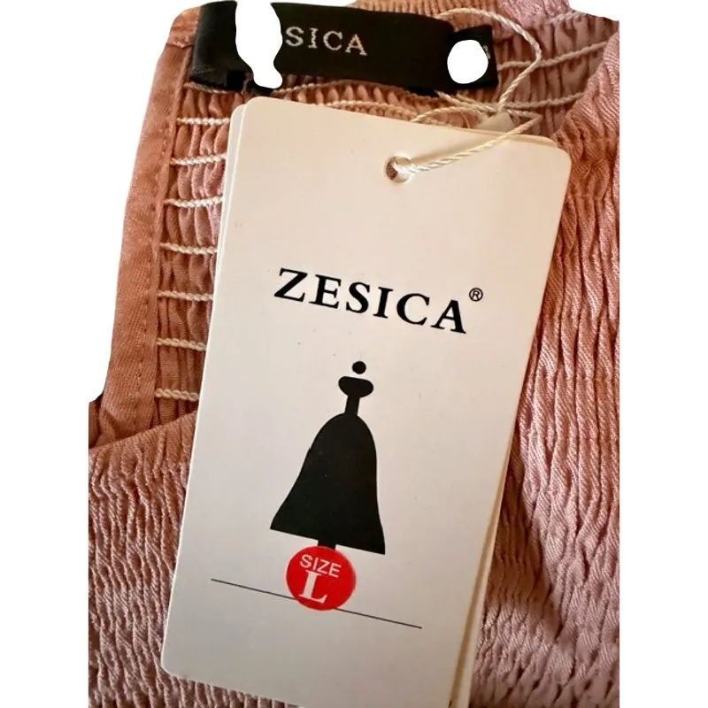 ZESICA Smocked Flutter Sleeve Cottagecore Romantic Midi Dress – Pink – Size L Size L - Image 4