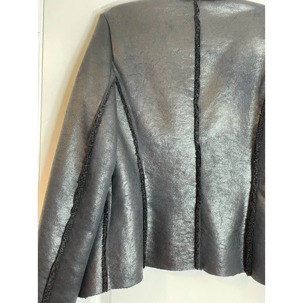 Rinascimento Jacket Medium Black Faux Leather Sherpa Lined Moto Waterfall Drape - Image 4