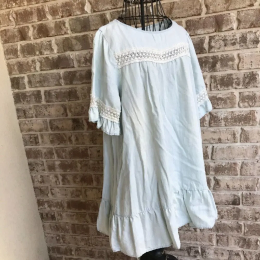 Easel Los Angeles Tunic Top Dress Small Oversized Sky Blue Crochet Accen… - Image 3