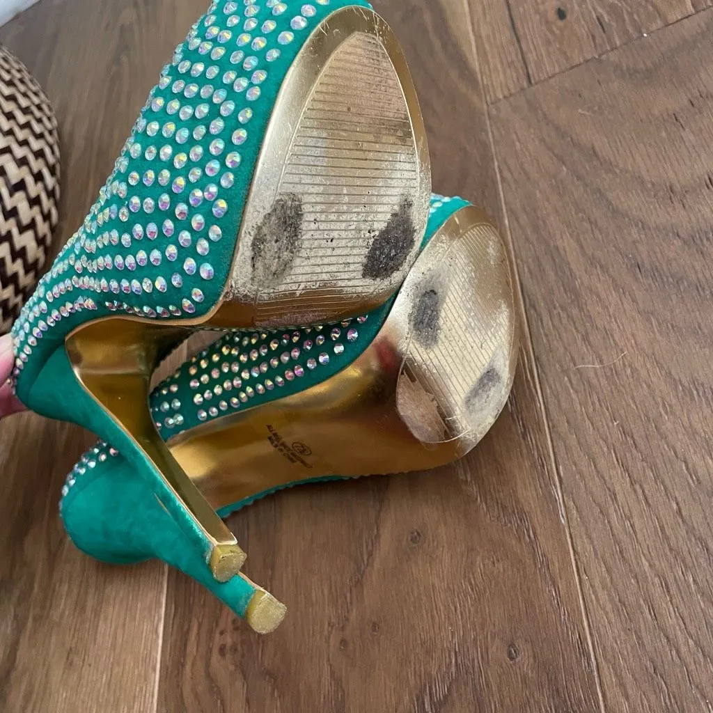 Alba Green Iridescent Rhinestone Bling Stiletto Platform Pleaser Heels 7.5 - Image 6