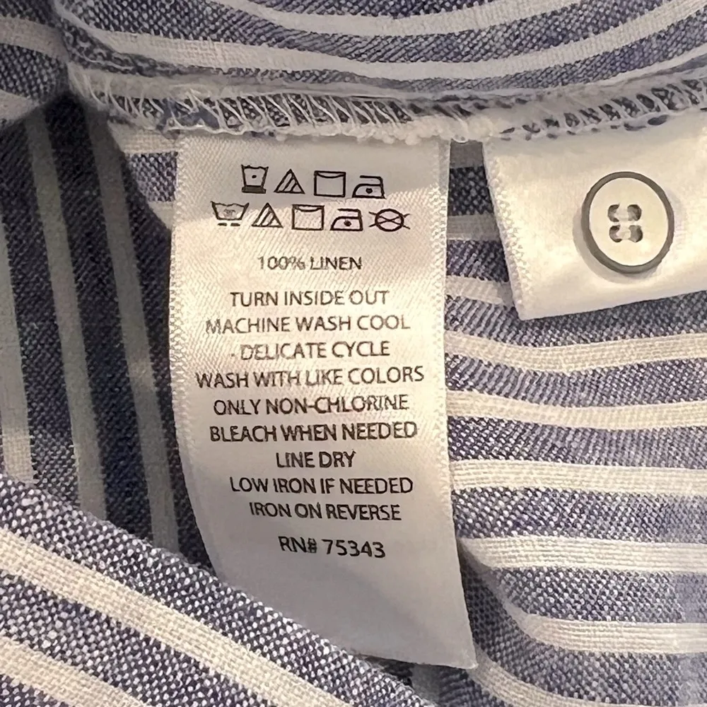 Sigrid Olsen Linen Stripe Long Sleeve Button Down Navy Blue White Roll Tab Small - Image 5