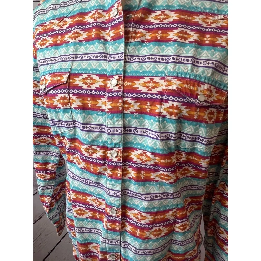 Panhandle Western Top Womens Medium Aztec Southwest Pearl Snap Cowgirl Rodeo Orange - Image 10