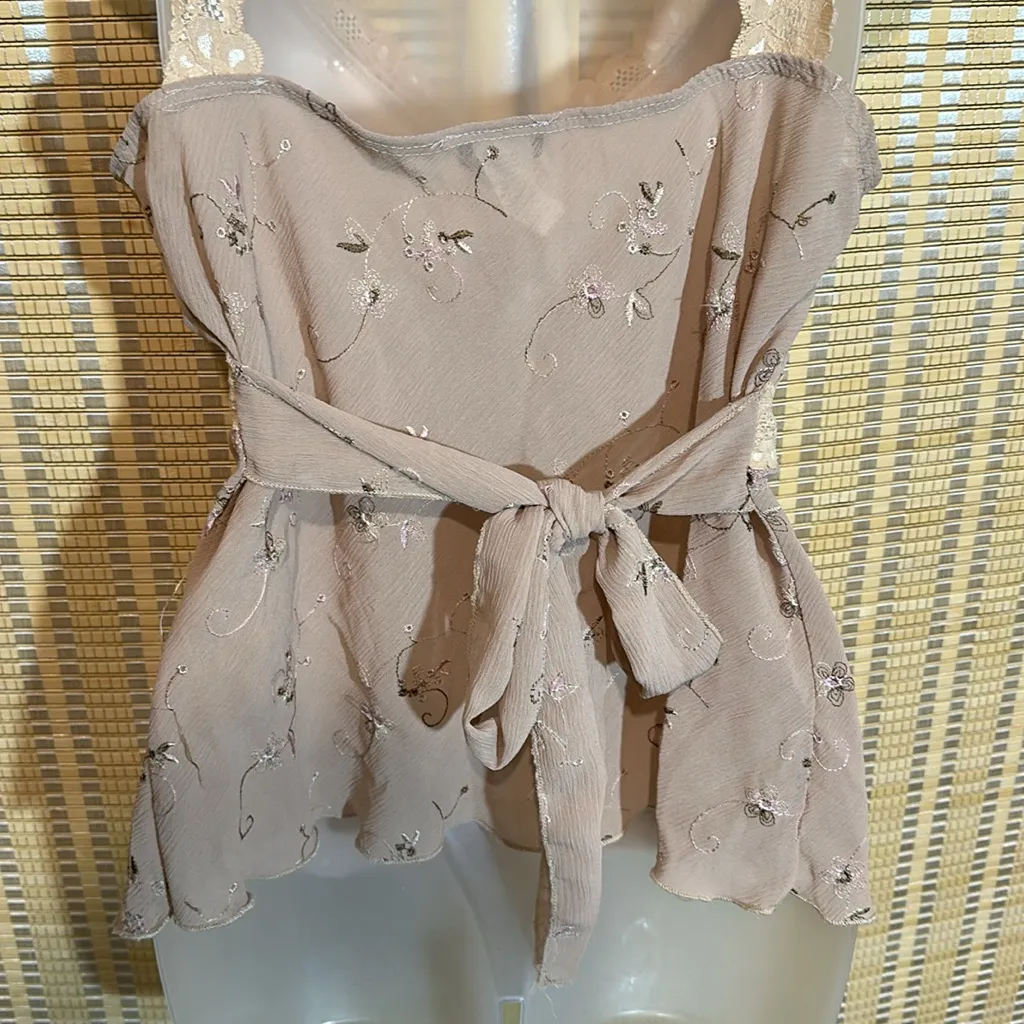 Rave Vintage 1990s Y2K Beige Floral Tank Top Ruffles Lace Trim Tie Belt Large Purple - Image 11