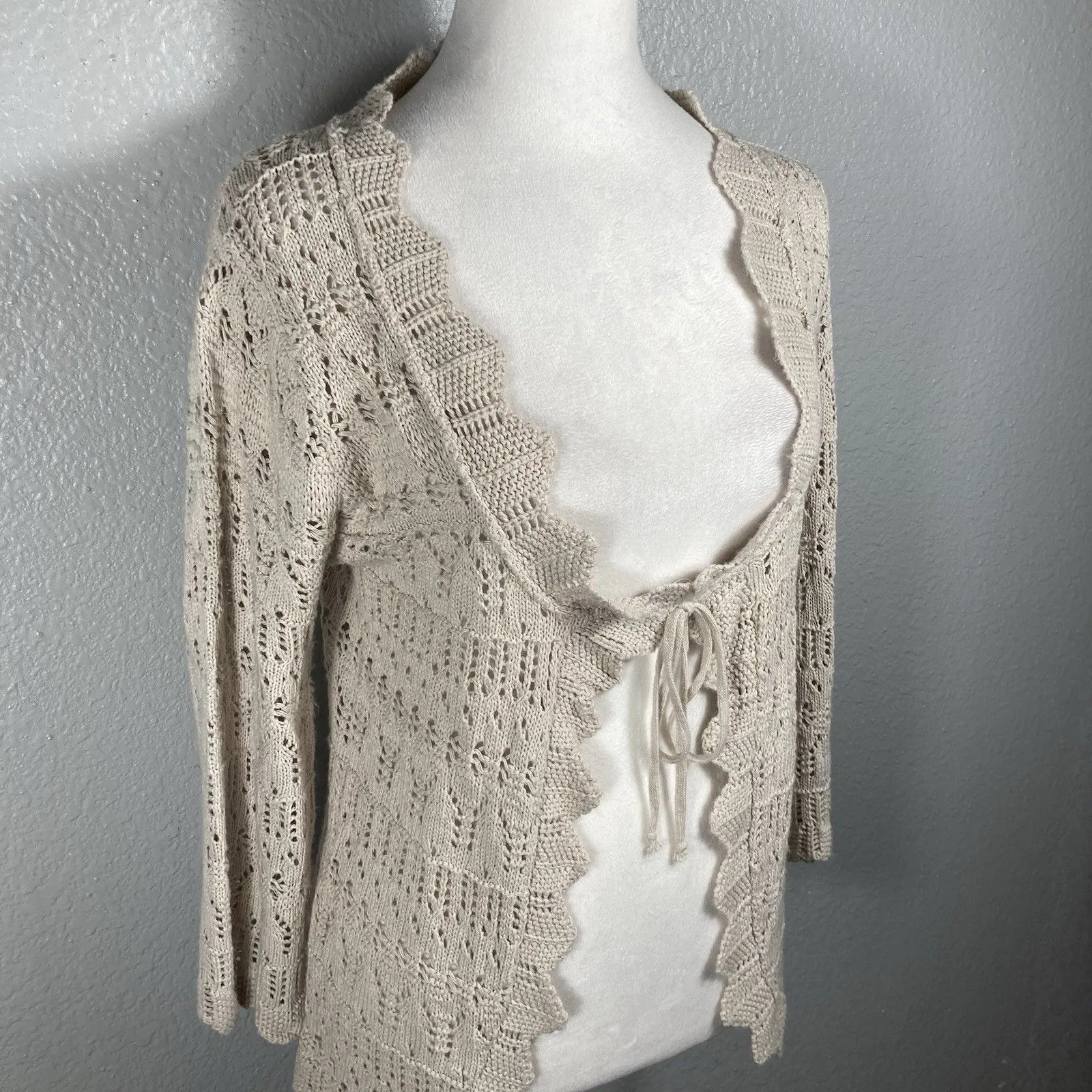 Crochet Cardigan S Cream Ivory Tie Front Coastal Beach Boho Cottage Y2K Vintage - Image 3