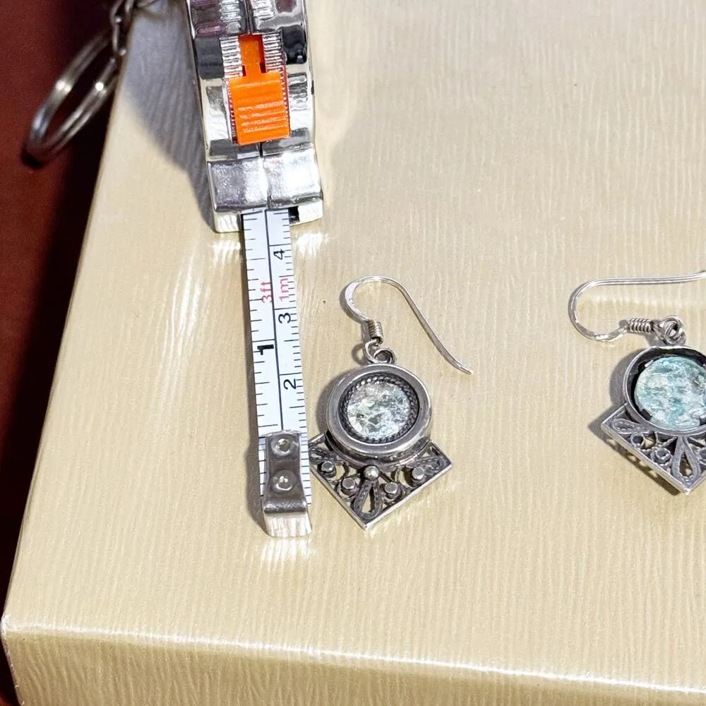 Roman Glass Earrings Vintage Silver Earrings Ornate Filigree Drop Earrings - Image 4