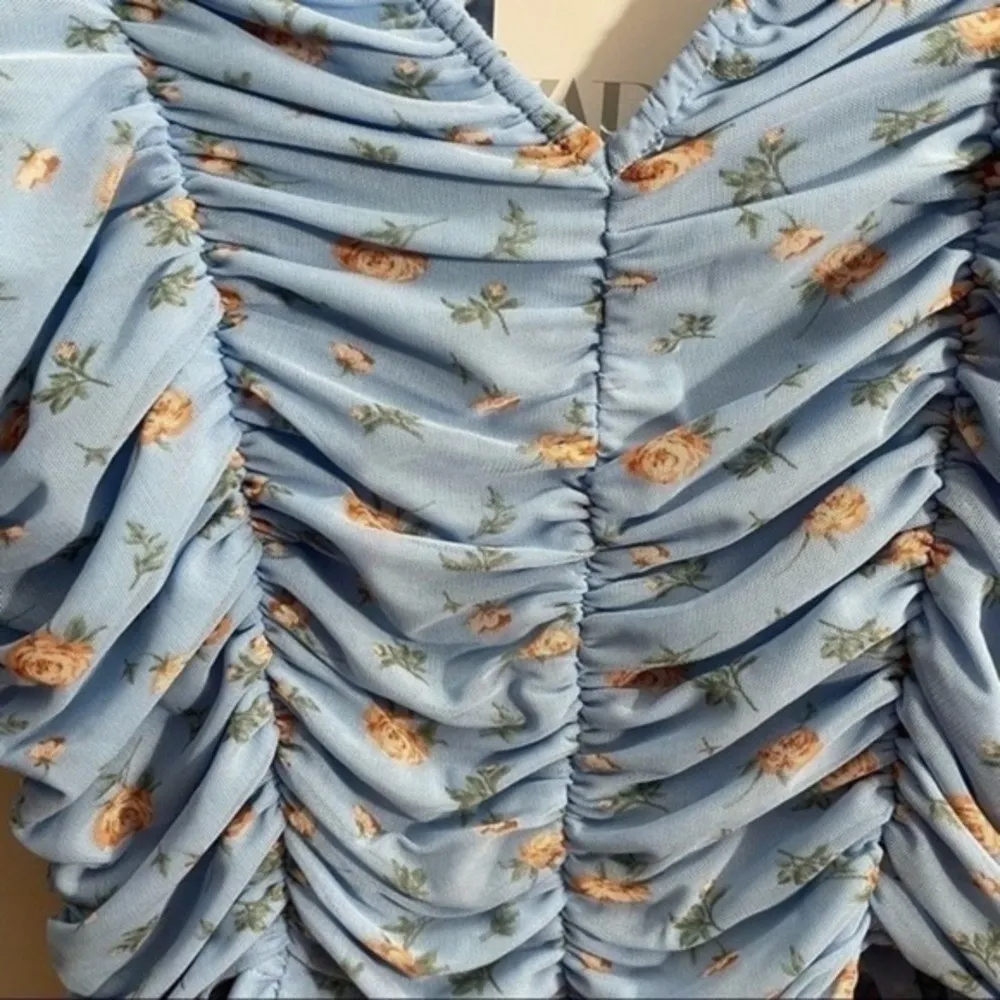 Blue Tulle Flower Print V Neck Blouse Small - Image 6