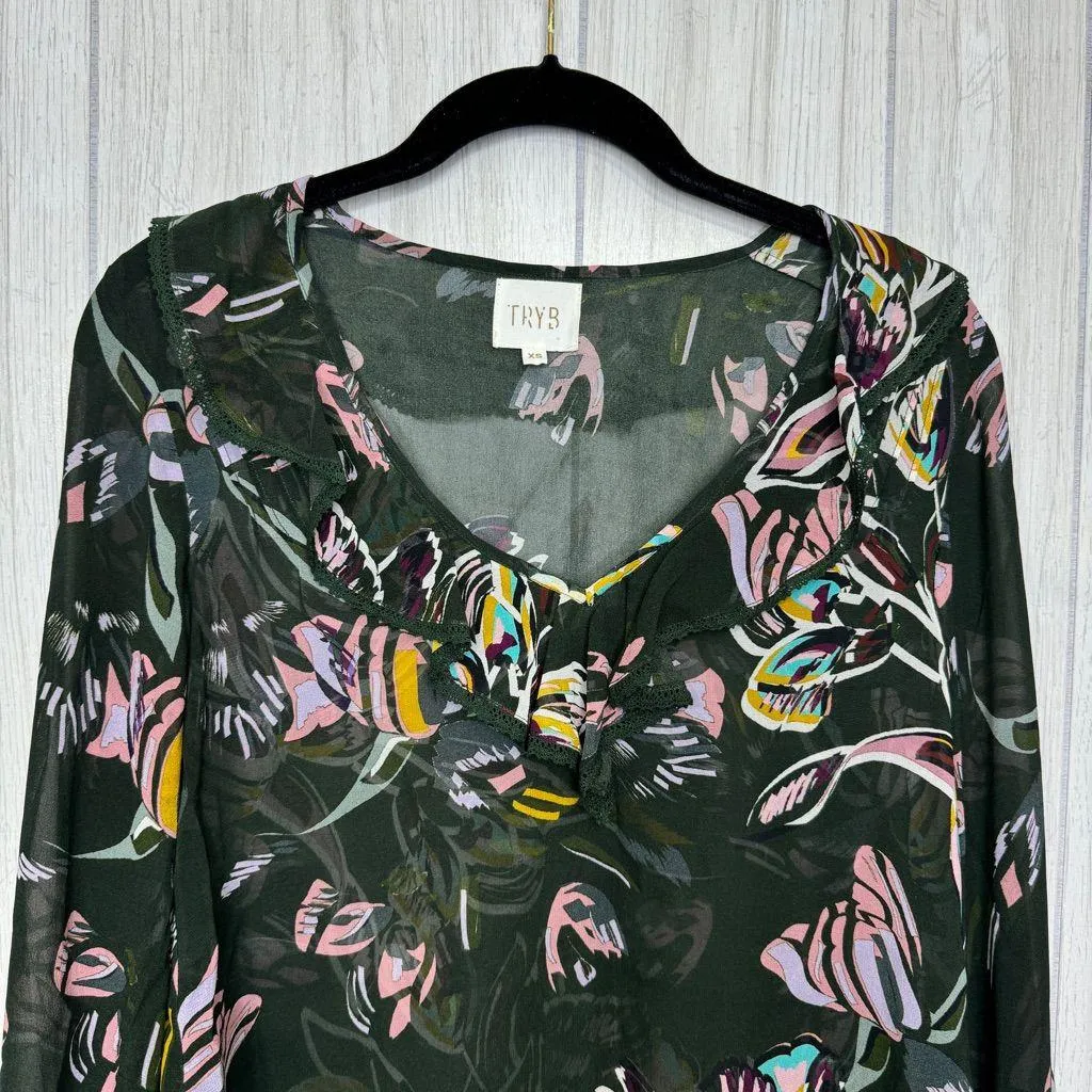 Anthropologie Tryb 100% Silk Floral Sheer Peasant Top Blouse size XS Extra Small - Image 3