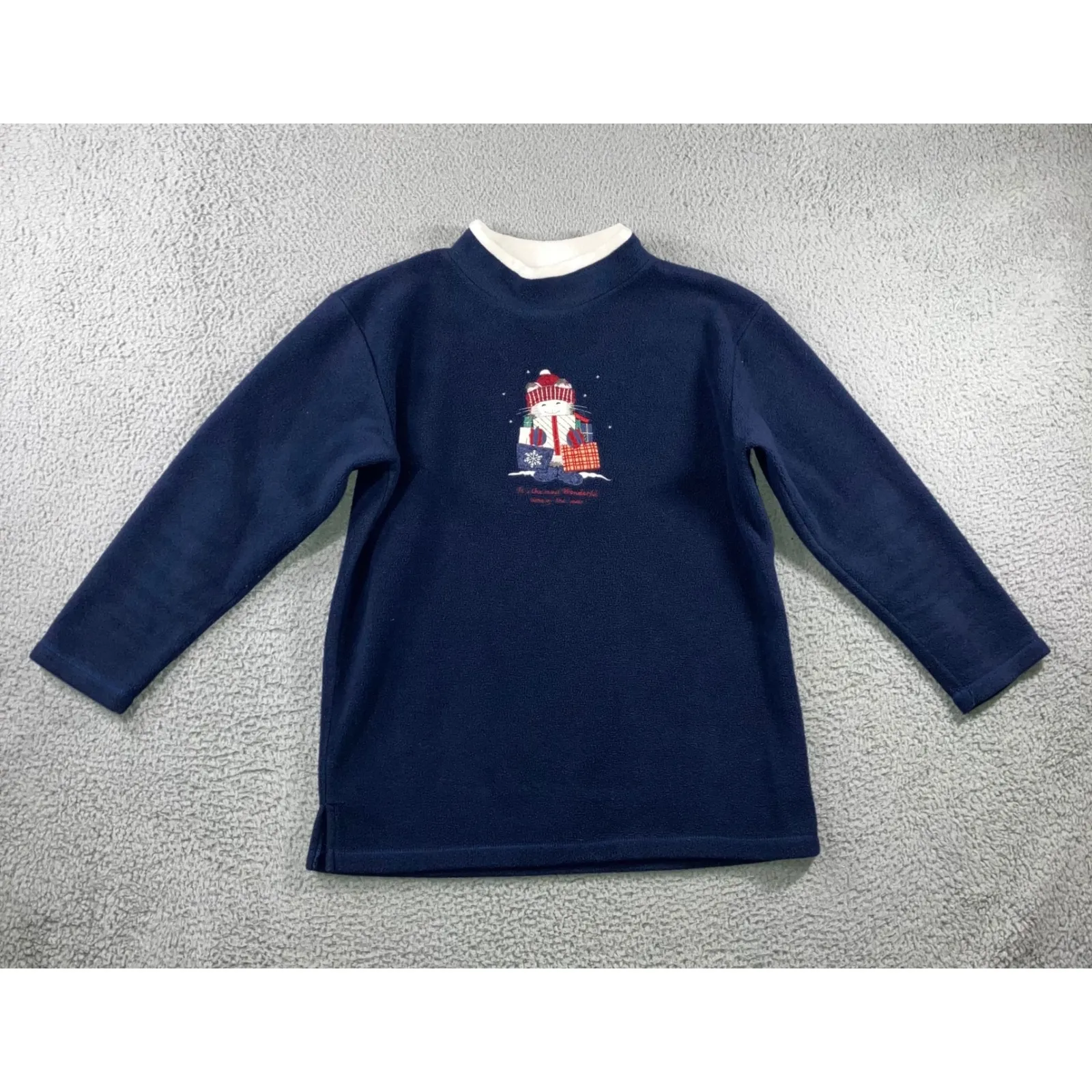 Vintage Christmas Cat Holiday Sweater Women Large Fleece Mock Neck Retro 80s 90s Blue - Image 2