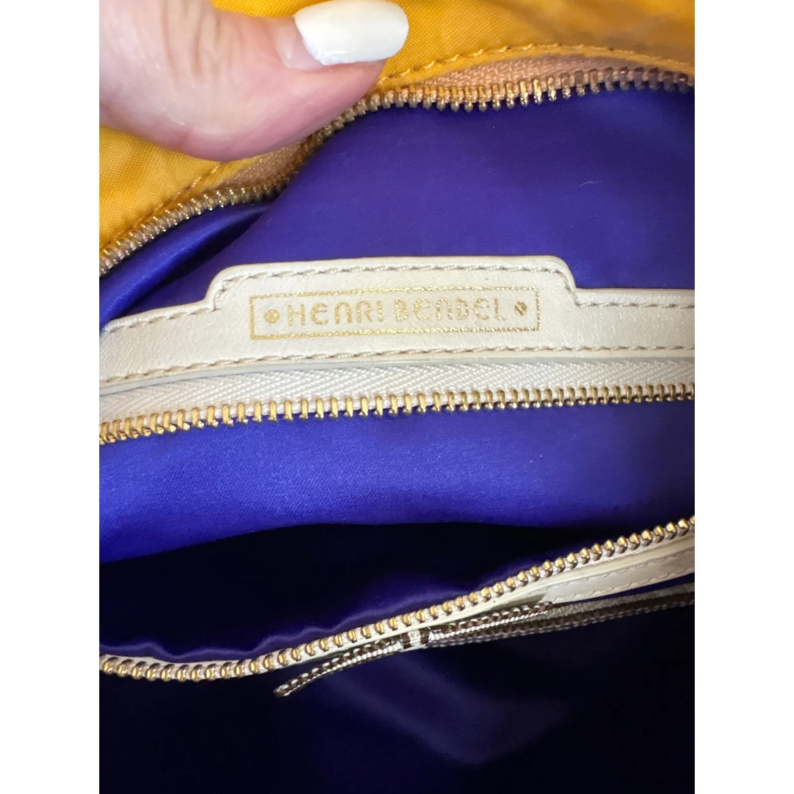 Henri Bendel Yellow Nylon Crossbody Bag with Tan Leather Accents and Lock Charm - Image 9