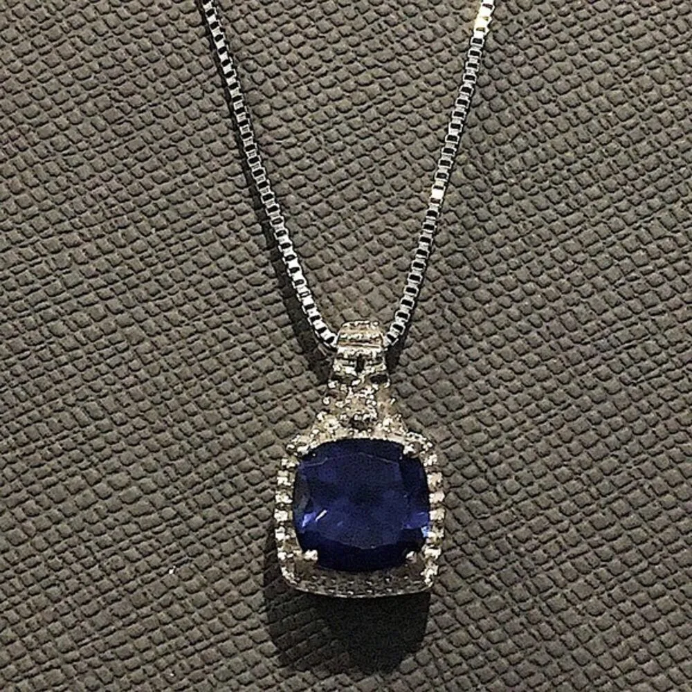 Blue Sapphire Diamond Pendant Sterling Silver Box Chain Necklace 18” long - Image 9