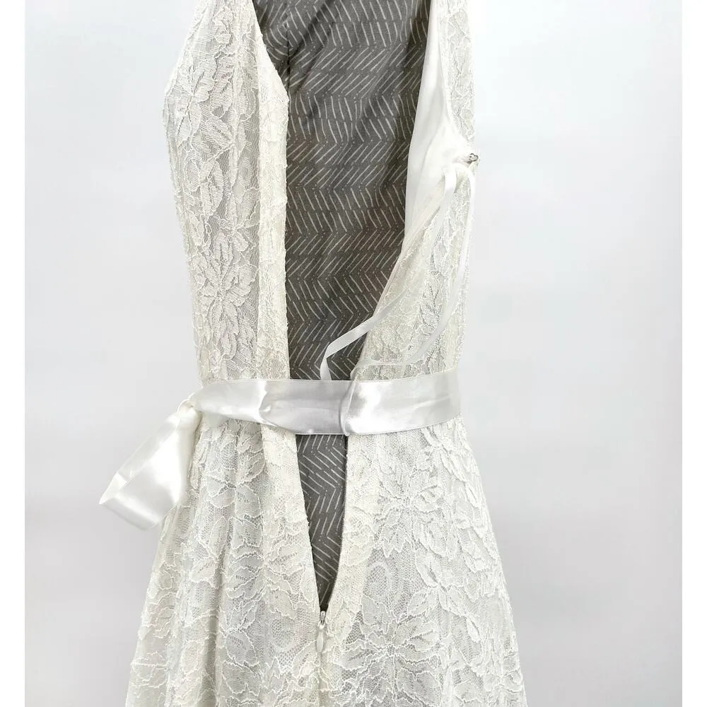 Tahari ASL Ivory White Lace Satin Bow Dress Sleeveless V Wedding Formal Size 8 - Image 8