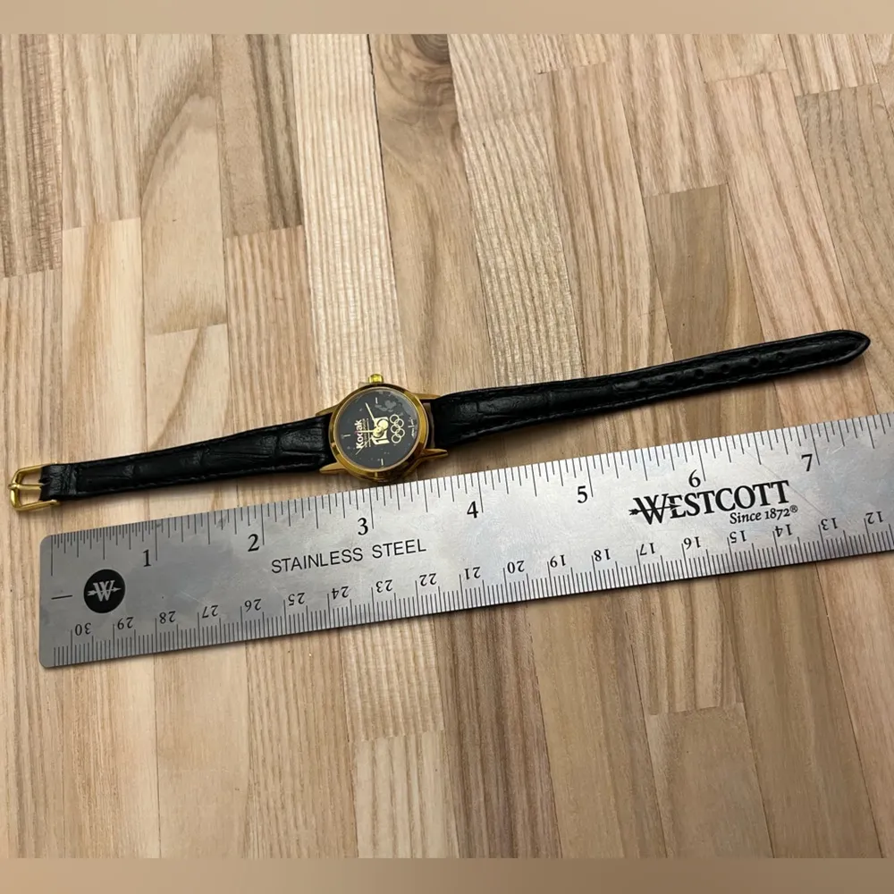 Kodak Olympics Ladies Watch Vintage Genuine Black Leather Yellow Gold Tone Case - Image 10