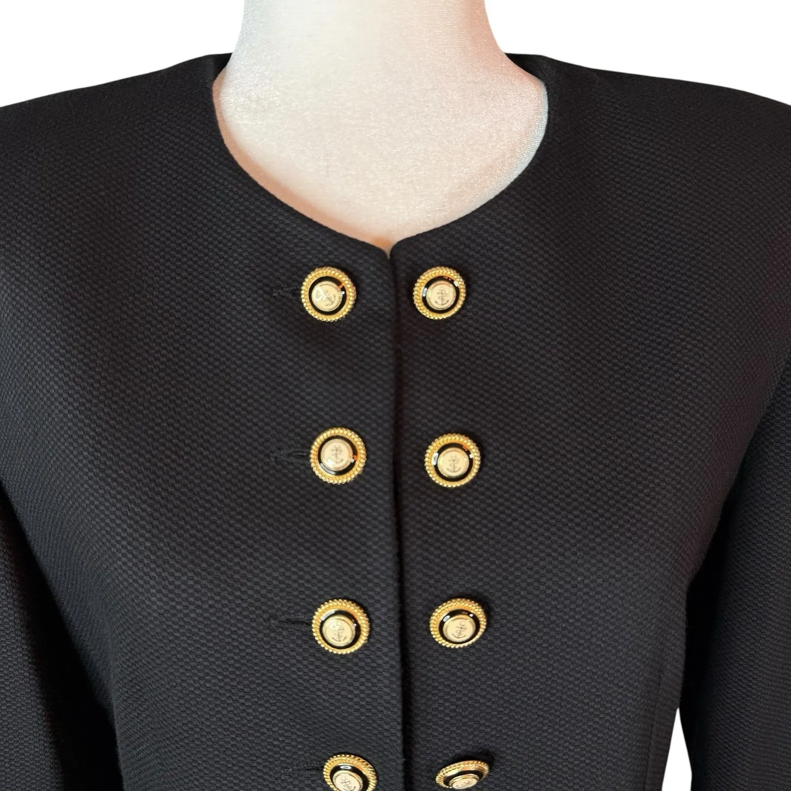 Vintage Oleg Cassini Black Blazer‎ Jacket Skirt Set 8 Office Suit Gold Button - Image 4